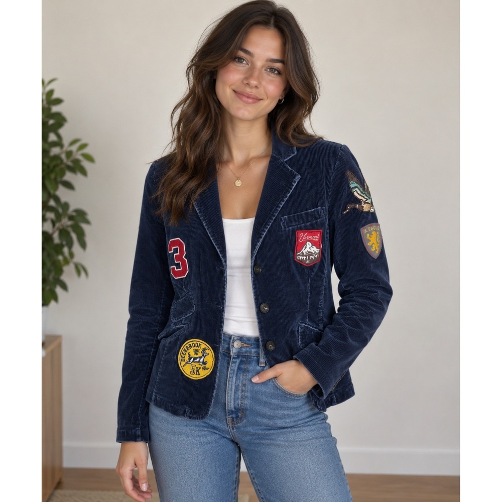 American Eagle Jacket Womens Small Blue Corduroy Elbow Patch Preppy Academia